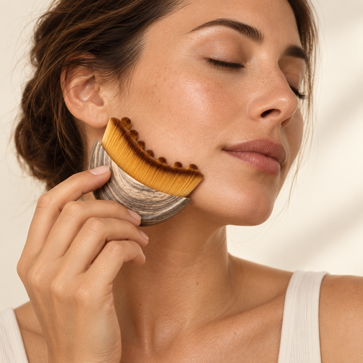 Mulher utilizando a escova facial suavemente na região da bochecha e da mandíbula